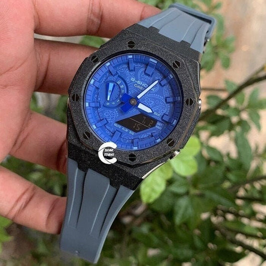 Casioak Mod Watch Frosted Black Case Gray Strap Blue Time Mark Blue Dial 44mm     Men - Casioak Studio