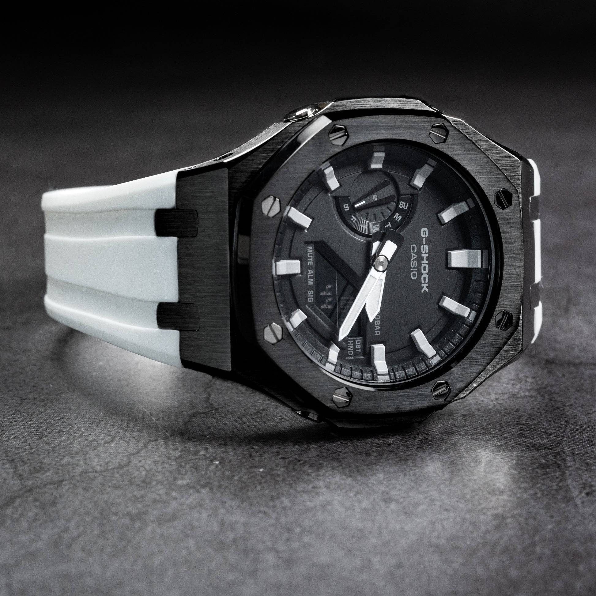 Casioak Mod Watch Black Case White Rubber Strap Black Light Gray Time Mark Black Dial 44mm - Casioak Studio