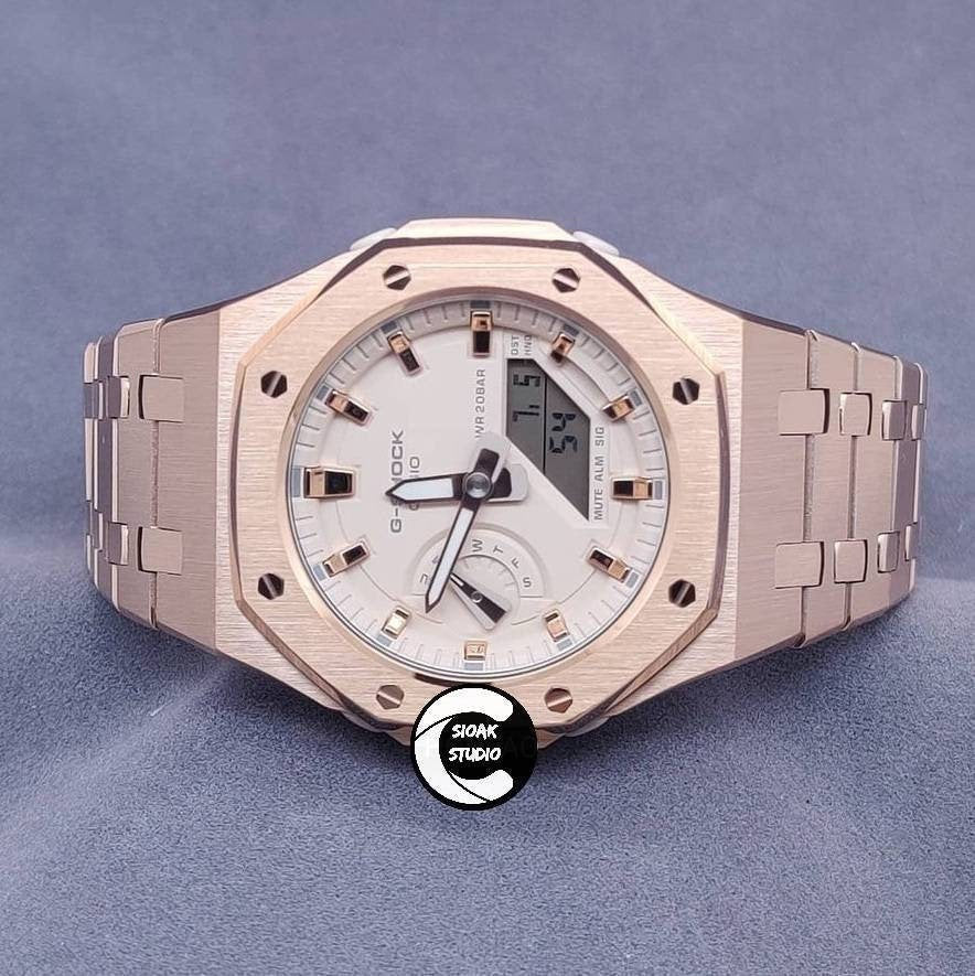 Casioak Mod Watch Rose Gold Case Metal Strap Beige Rose Gold Time Mark Beige Dial 42mm - Casioak Studio