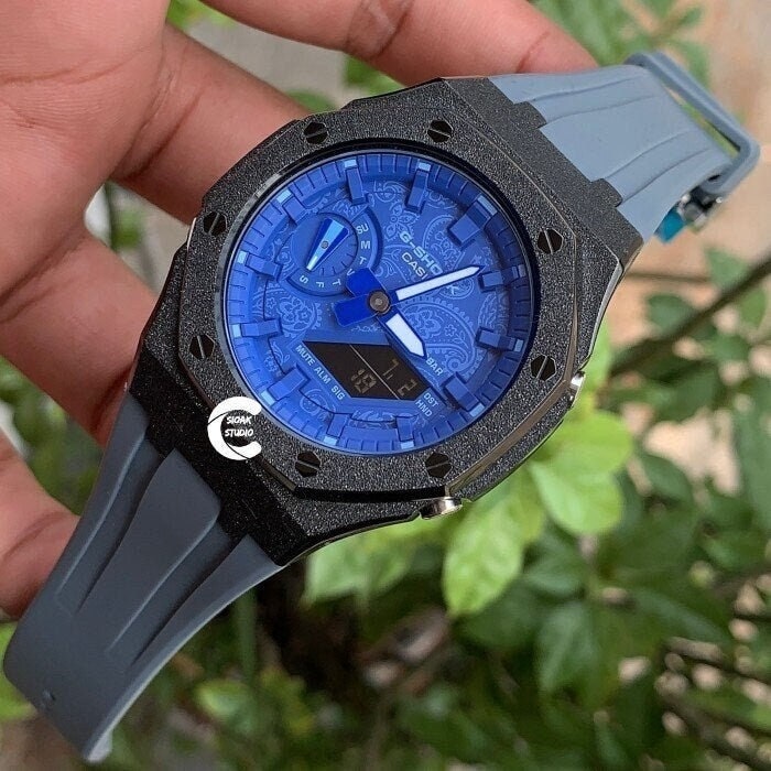 Casioak Mod Watch Frosted Black Case Gray Strap Blue Time Mark Blue Dial 44mm     Men - Casioak Studio