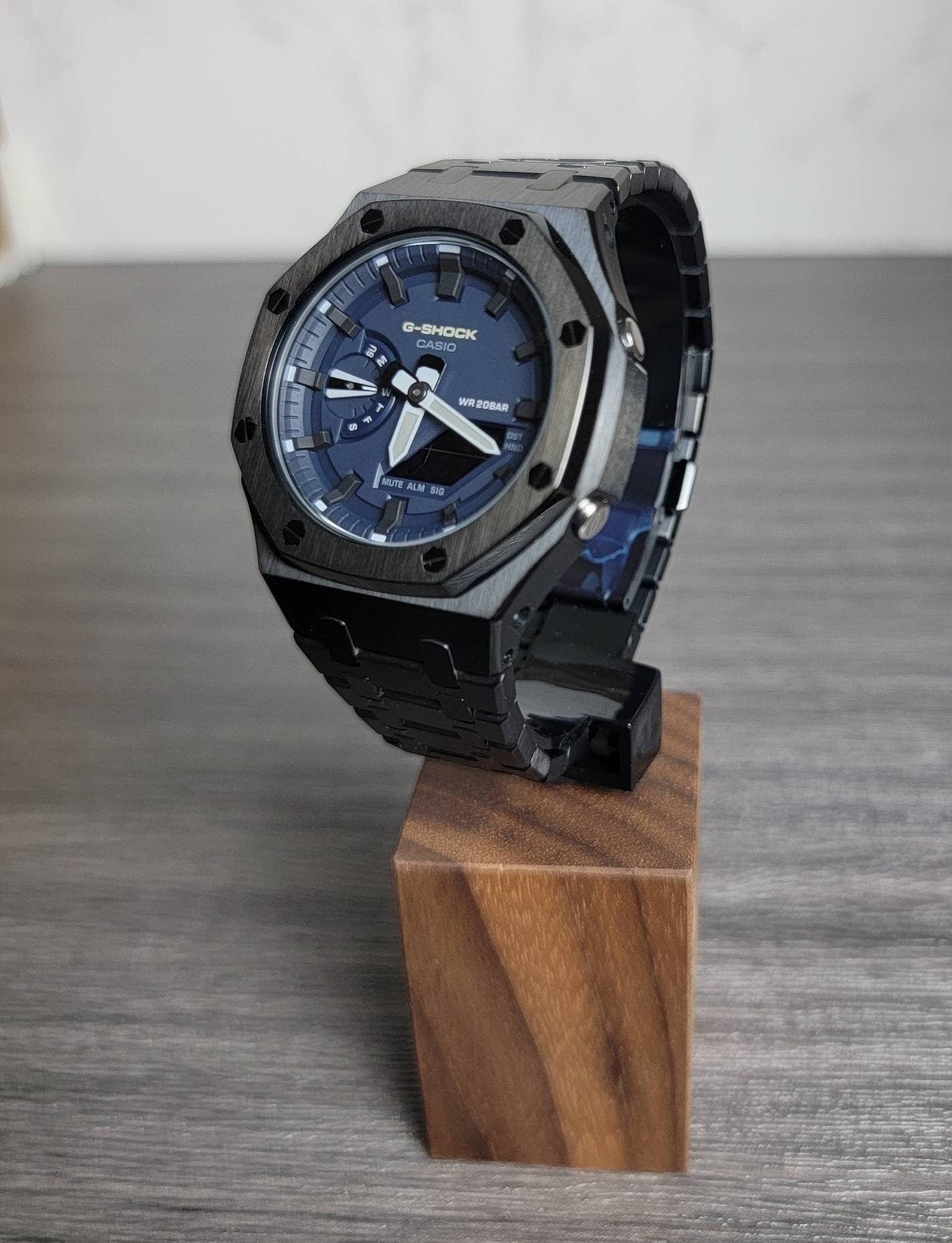 Casioak Mod Watch Black Case Metal Strap Blue Black Time Mark Blue Dial 44mm - Casioak Studio