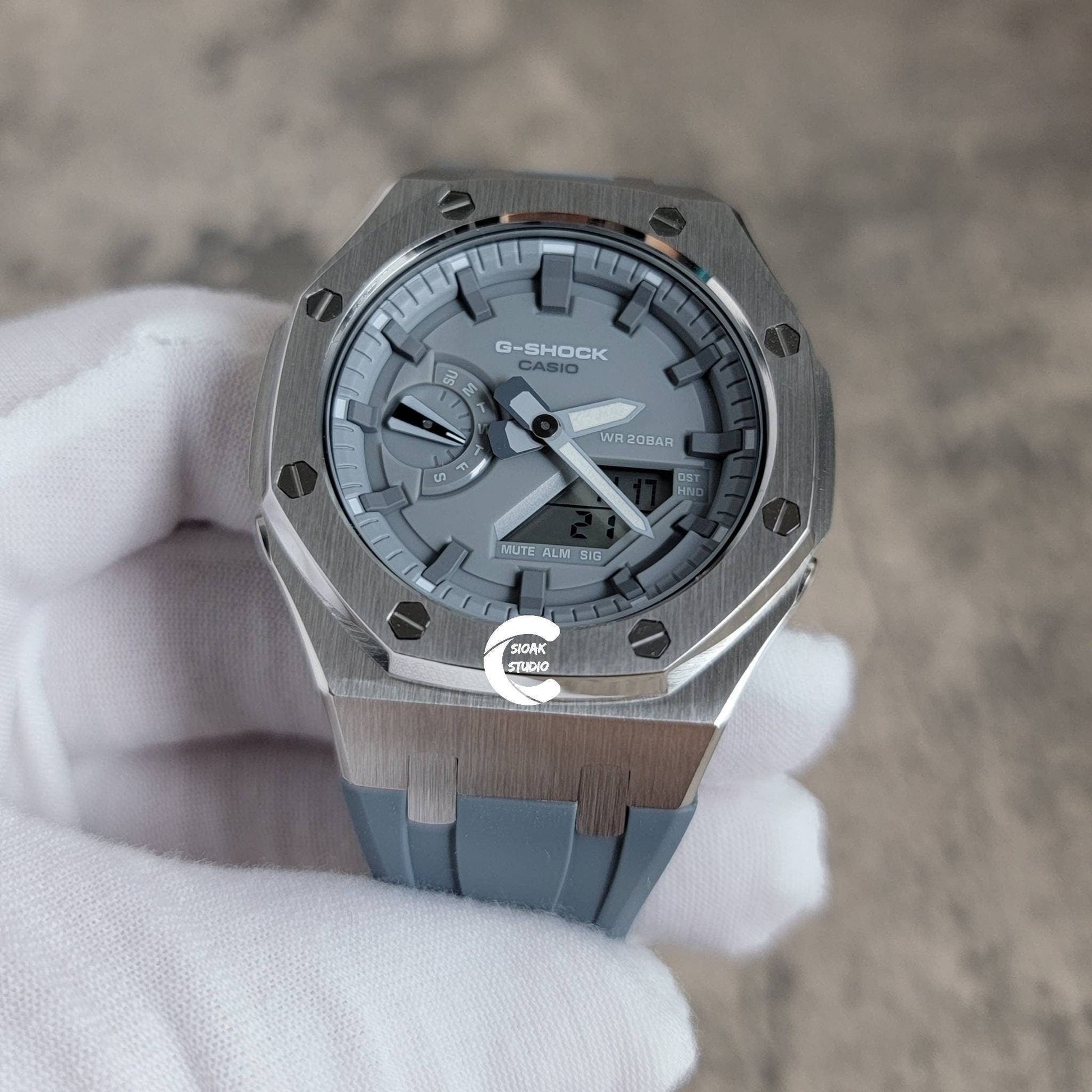 Casioak Mod Watch Silver Case Gray Rubber Strap Light Gray Time Mark Gray Dial 44mm - Casioak Studio