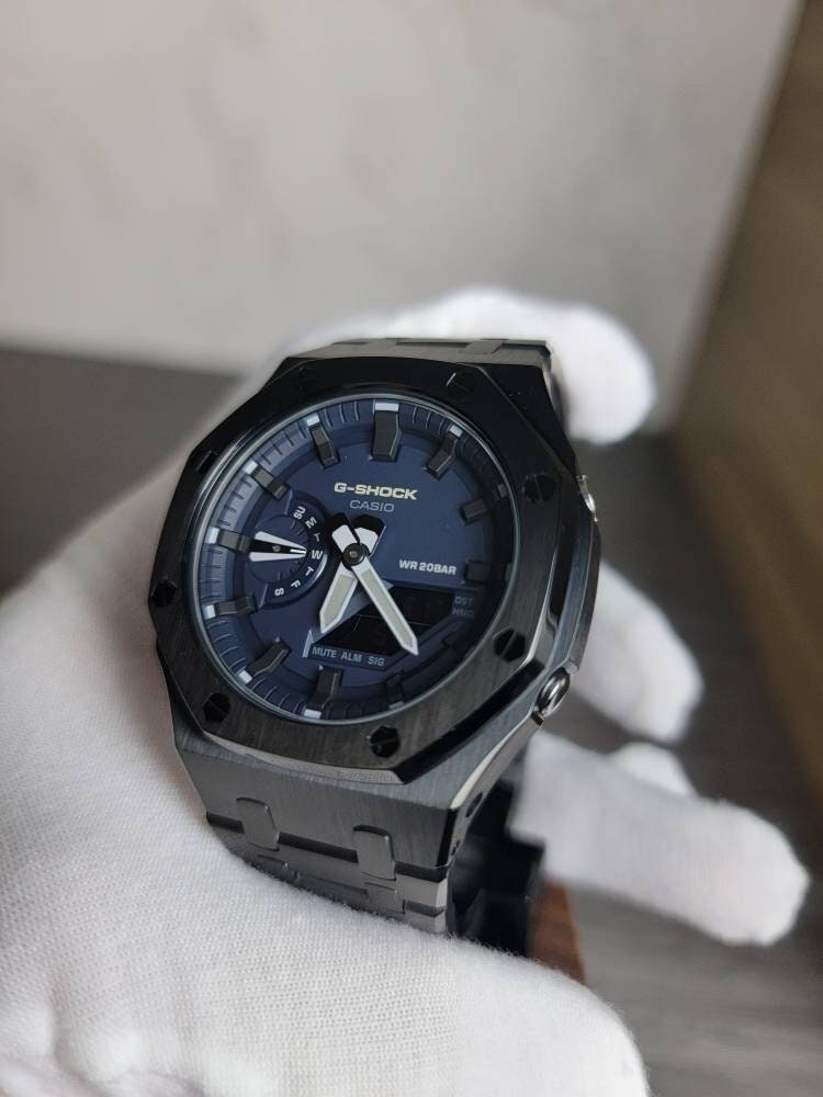 Casioak Mod Watch Black Case Metal Strap Blue Black Time Mark Blue Dial 44mm - Casioak Studio