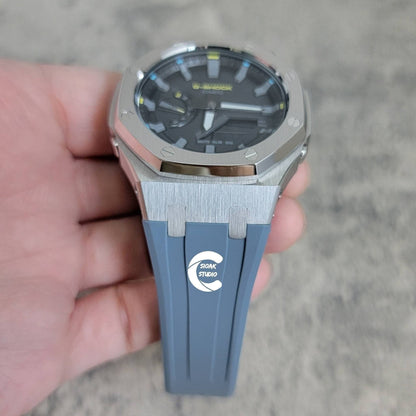 Casioak Mod Watch Silver Case Gray Rubber Strap Black Gray Time Mark Black Dial 44mm - Casioak Studio