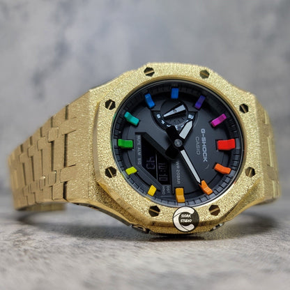 Casioak Mod Watch Frosted Gold Case Metal Strap Black Rainbow Time Mark Black Dial 44mm - Casioak Studio