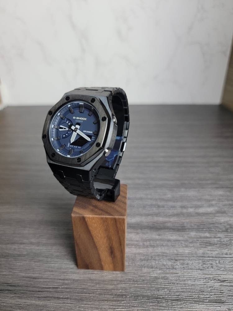 Casioak Mod Watch Black Case Metal Strap Blue Black Time Mark Blue Dial 44mm - Casioak Studio