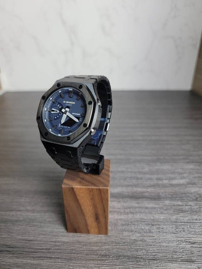 Casioak Mod Watch Black Case Metal Strap Blue Black Time Mark Blue Dial 44mm - Casioak Studio