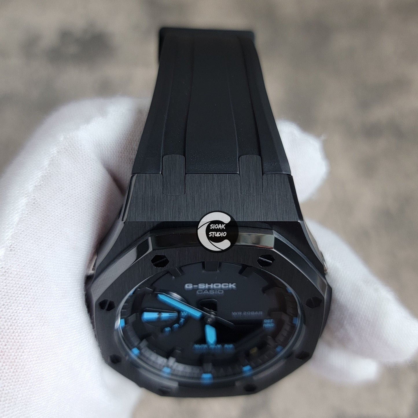 Casioak Mod Watch Black Case Black Rubber Strap Black Black Time Mark Black Dial Blue 44mm - Casioak Studio