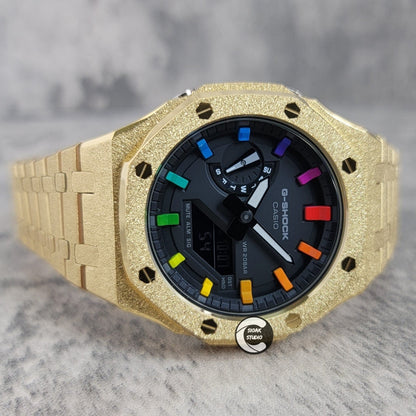 Casioak Mod Watch Frosted Gold Case Metal Strap Black Rainbow Time Mark Black Dial 44mm - Casioak Studio