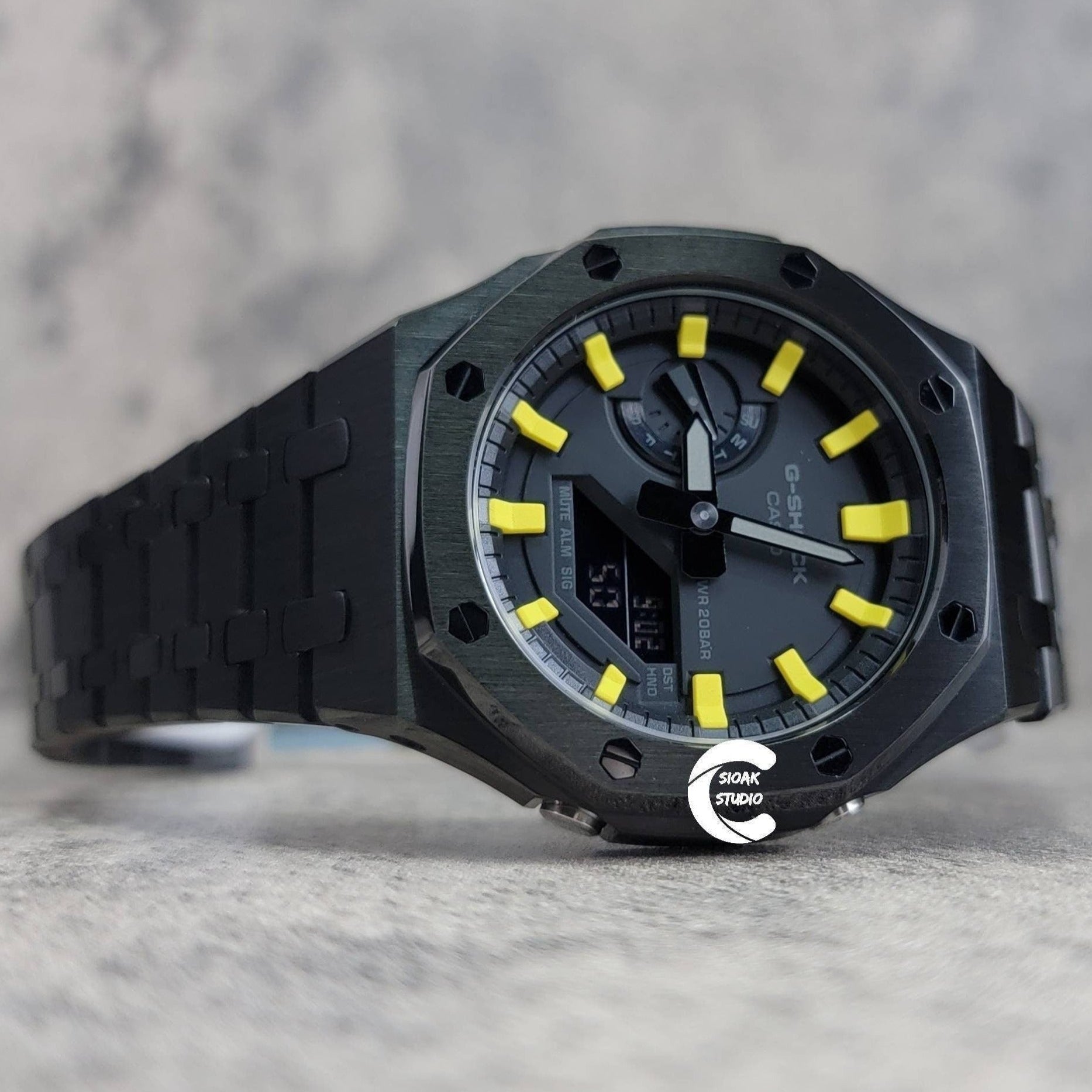 Casioak Mod Watch Black Case Metal Strap Black Yellow Time Mark Black Dial 44mm - Casioak Studio