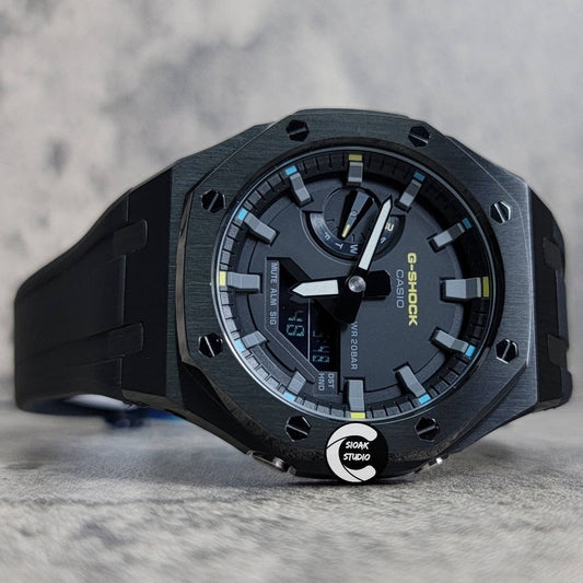 Casioak Mod Watch Black Case Black Rubber Strap Black Gray Time Mark Black Dial 44mm - Casioak Studio