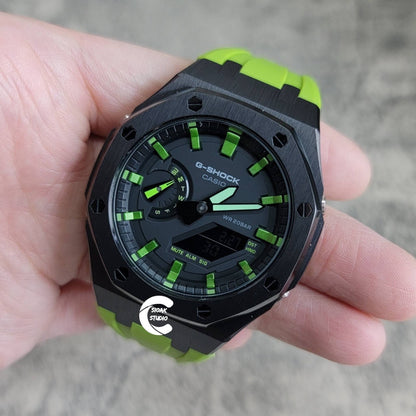 Casioak Mod Watch Black Case Green Rubber Strap Black  Green Time Mark Black Dial 44mm - Casioak Studio