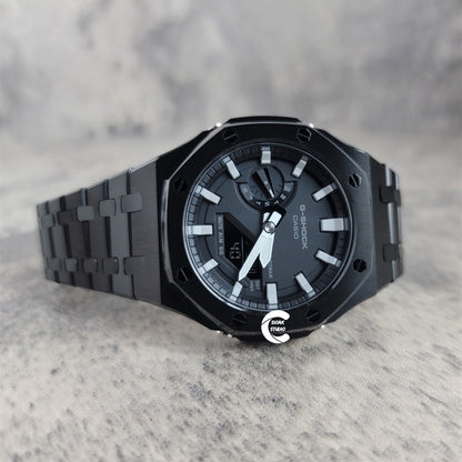 Casioak Mod Watch Black Case Mteal Rubber Strap Black Light Gray Time Mark Black Dial 44mm - Casioak Studio