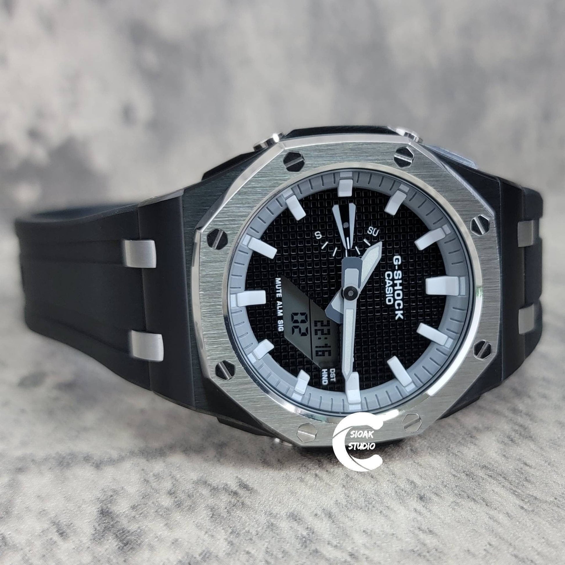 Casioak Mod Watch Offshore Superior Silver Black Case Black Rubber Strap Gray White Time Mark Black Waffle Dial 44mm - Casioak Studio