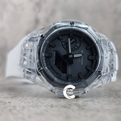 Casioak Mod Watch Transparent Case White Strap Black Time Mark Black Dial 44mm - Casioak Studio