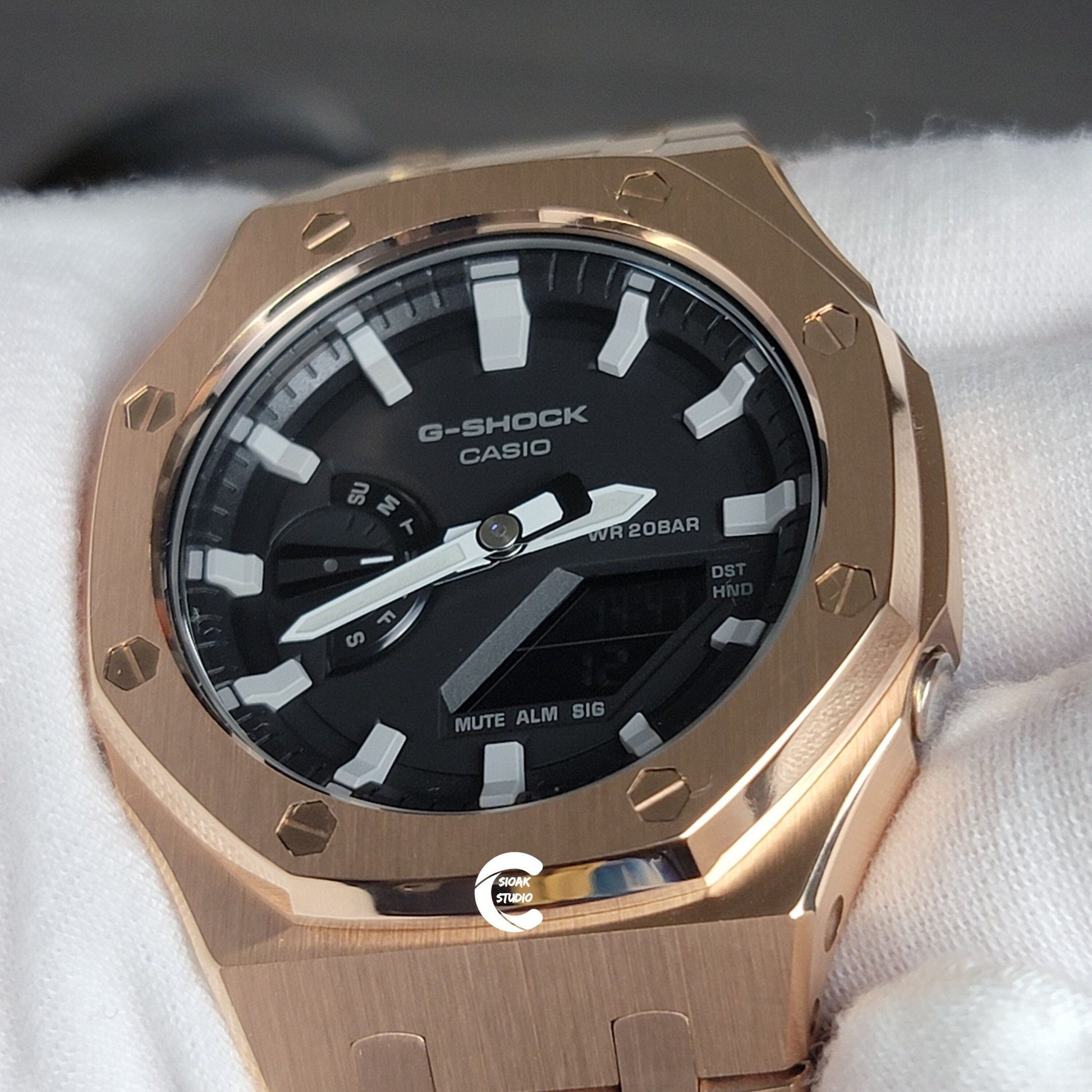 Casioak Mod Watch Rose Gold Case Metal Strap Black Light Gray Time Mark Black Dial 44mm - Casioak Studio