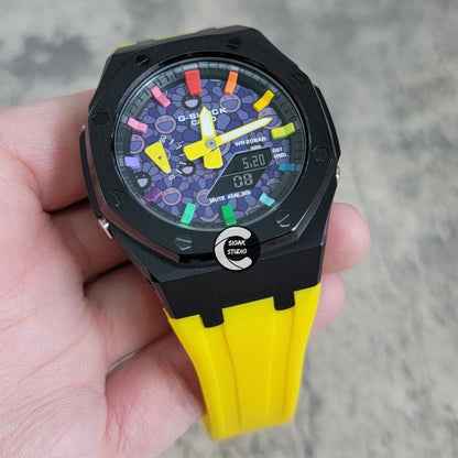 Casioak Mod Watch Black Case Yellow Rubber Strap Black Rainbow Time Mark Takashi Murakami Dial 44mm - Casioak Studio