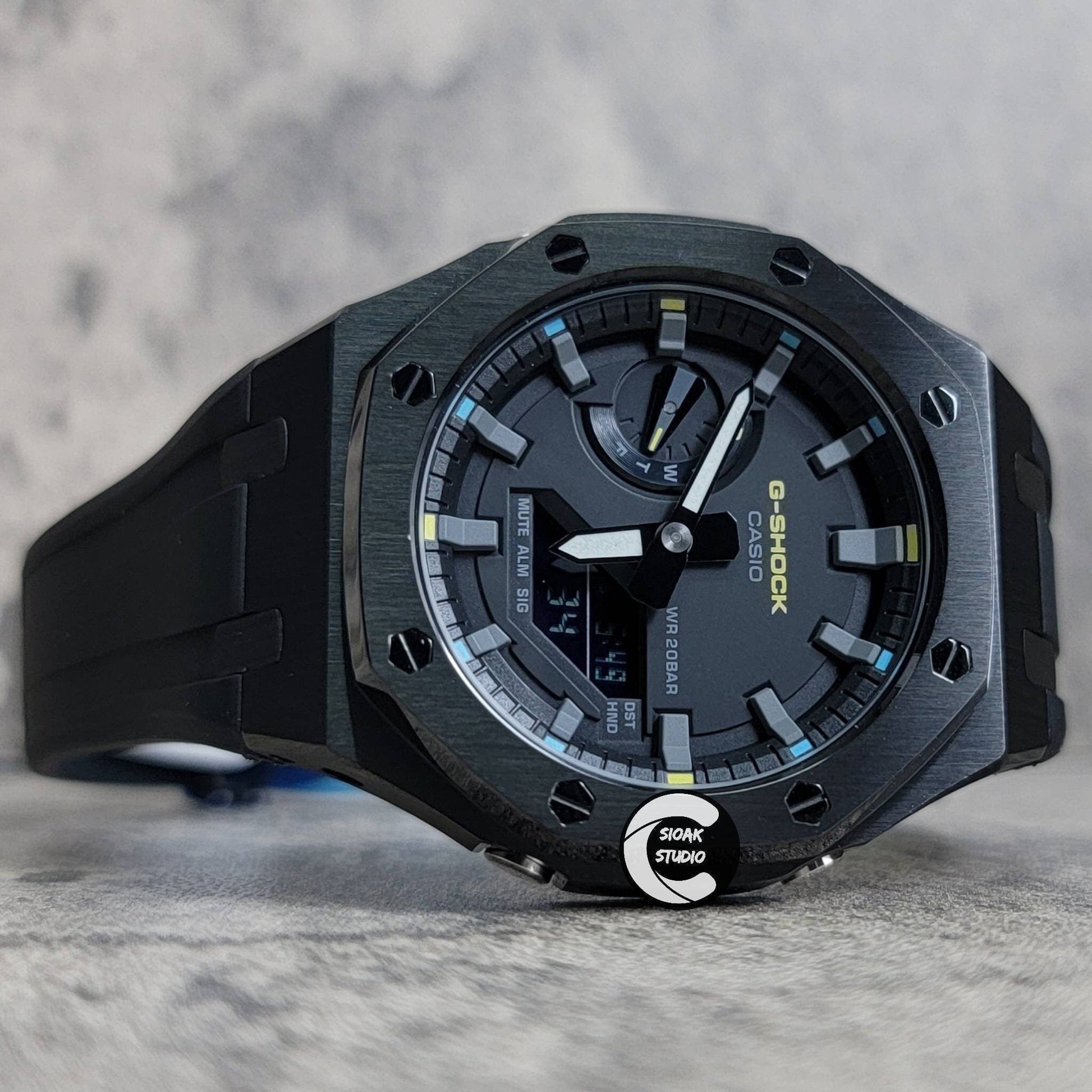 Casioak Mod Watch Black Case Black Rubber Strap Black Gray Time Mark Black Dial 44mm - Casioak Studio