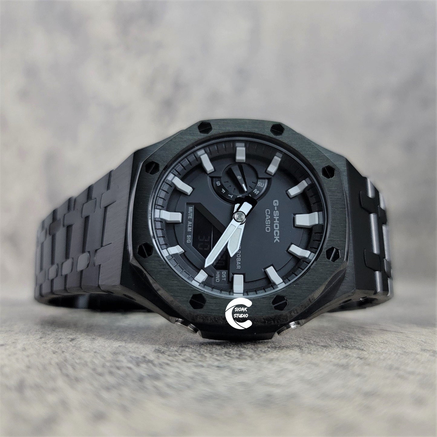 Casioak Mod Watch Black Case Mteal Rubber Strap Black Light Gray Time Mark Black Dial 44mm - Casioak Studio