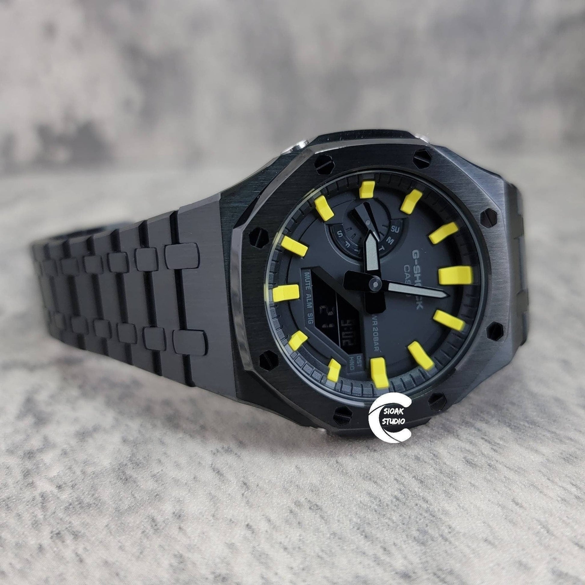 Casioak Mod Watch Black Case Metal Strap Black Yellow Time Mark Black Dial 44mm - Casioak Studio