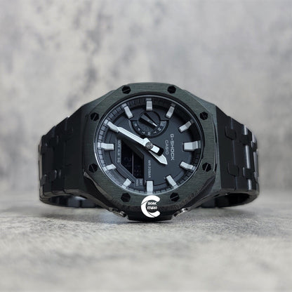 Casioak Mod Watch Black Case Mteal Rubber Strap Black Light Gray Time Mark Black Dial 44mm - Casioak Studio