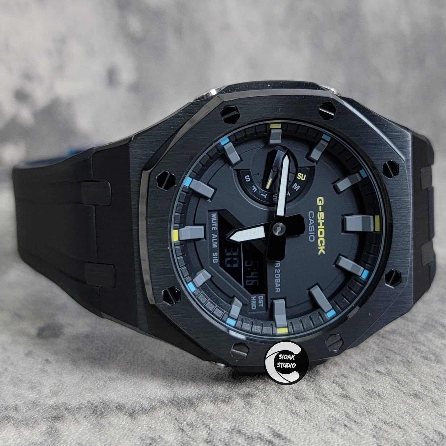 Casioak Mod Watch Black Case Black Rubber Strap Black Gray Time Mark Black Dial 44mm - Casioak Studio