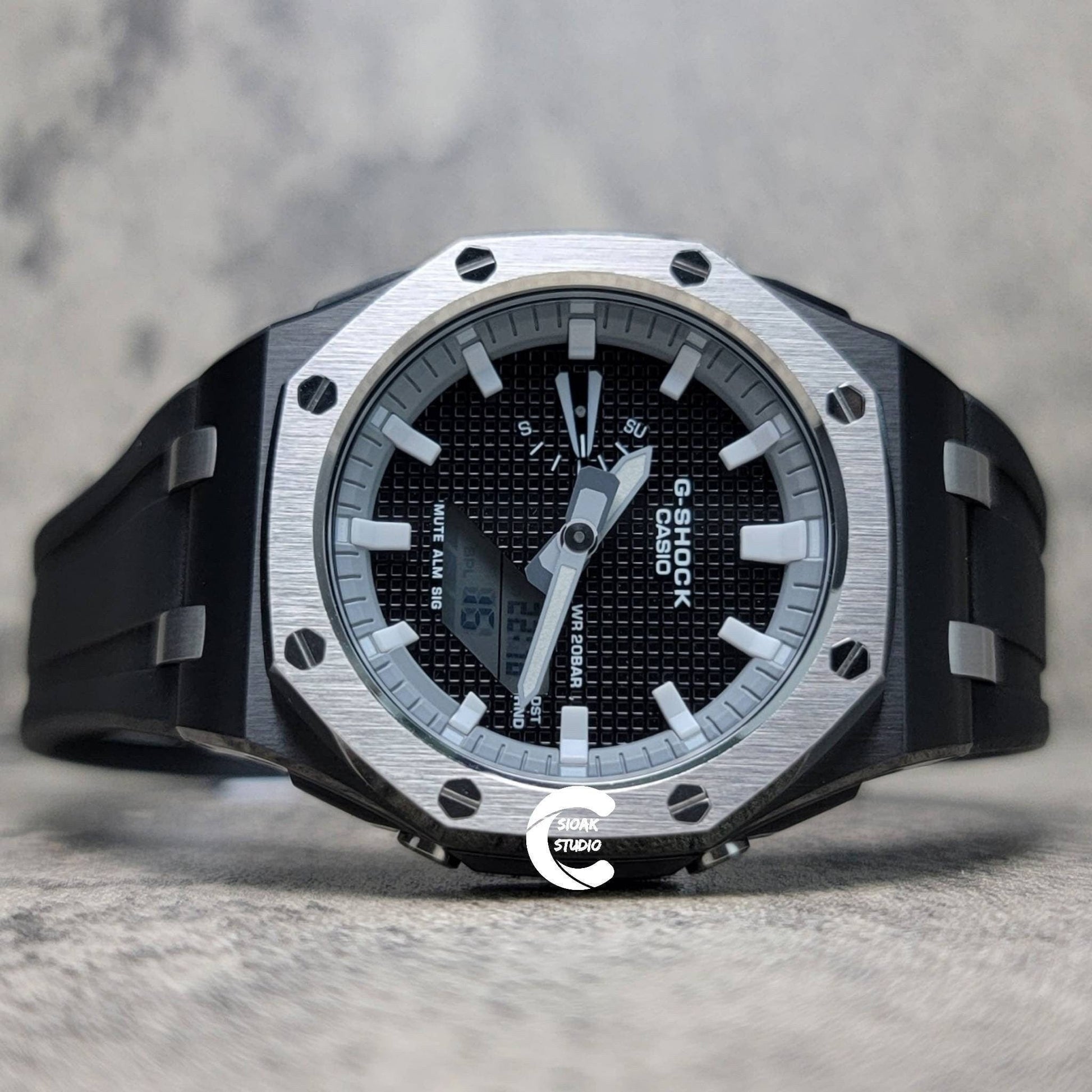 Casioak Mod Watch Offshore Superior Silver Black Case Black Rubber Strap Gray White Time Mark Black Waffle Dial 44mm - Casioak Studio