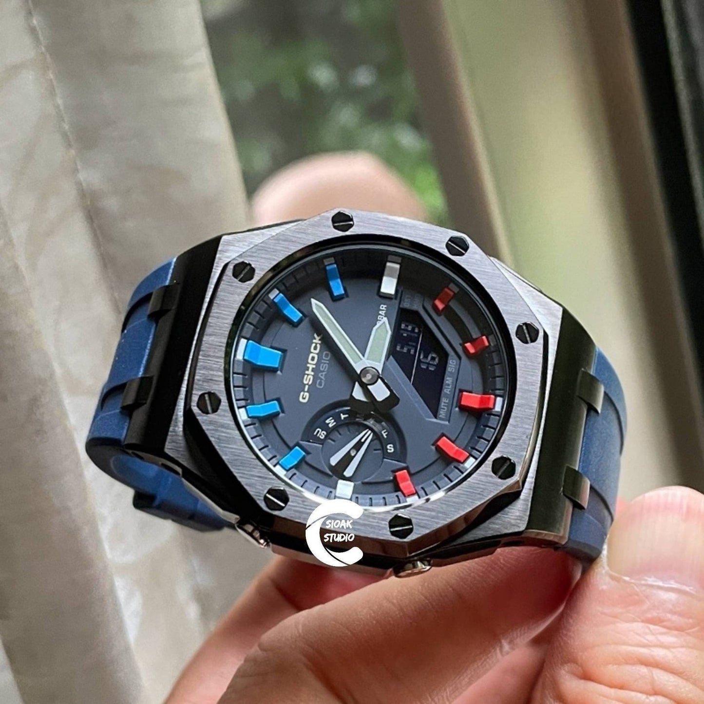 Casioak Mod Watch Offshore Superior Black Case Blue Rubber Rubber Strap Blue Rainbow Time Mark Blue Dial 44mm - Casioak Studio