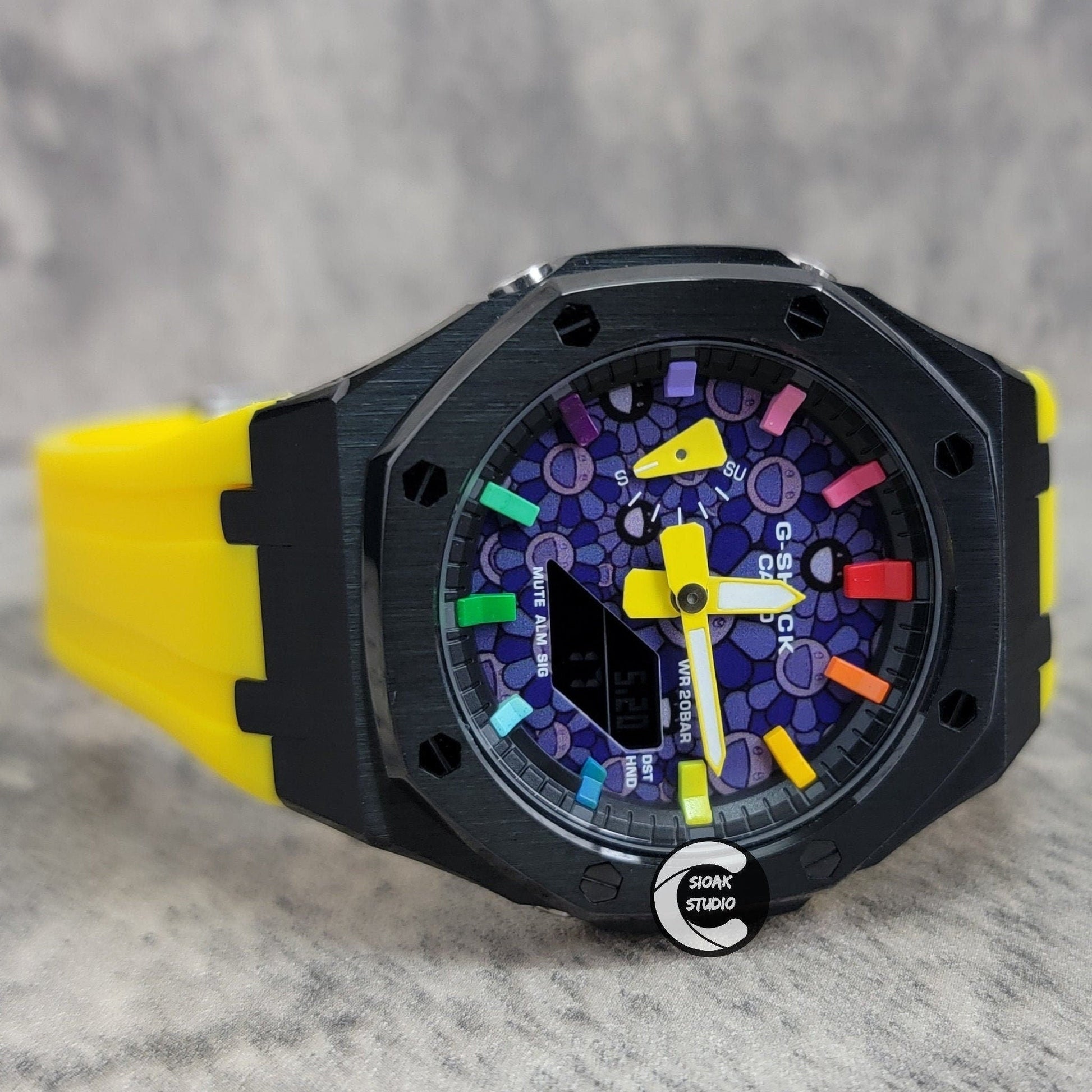 Casioak Mod Watch Black Case Yellow Rubber Strap Black Rainbow Time Mark Takashi Murakami Dial 44mm - Casioak Studio