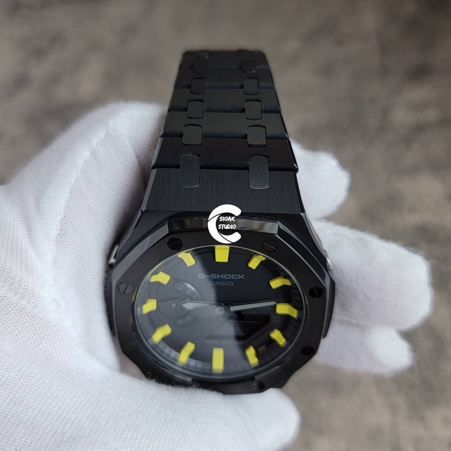 Casioak Mod Watch Black Case Metal Strap Black Yellow Time Mark Black Dial 44mm - Casioak Studio