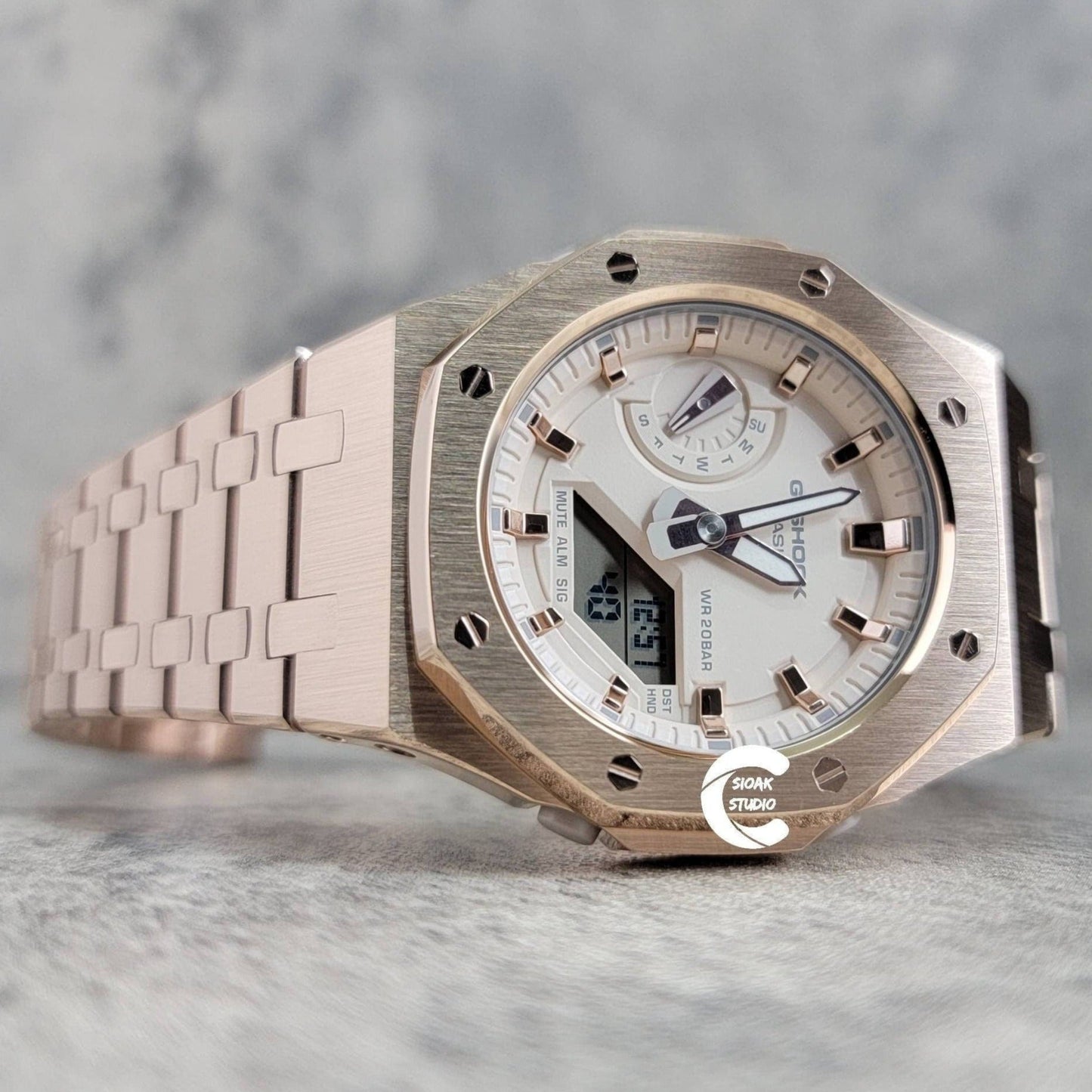 Casioak Mod Watch Rose Gold Case Metal Strap Beige Rose Gold Time Mark Beige Dial 42mm - Casioak Studio