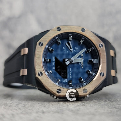 Casioak Mod Watch Offshore Superior Rose Gold Black Case Black Rubber Rubber Strap Blue Gray Time Mark Blue Dial 44mm - Casioak Studio