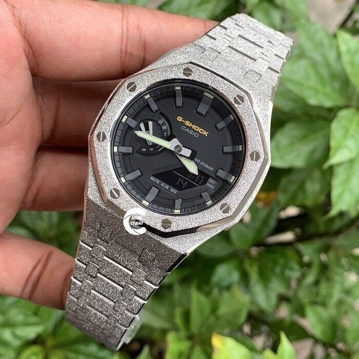 Casioak Mod Watch Frosted Silver Case Metal Strap Black Gray Time Mark Black Dial 44mm - Casioak Studio