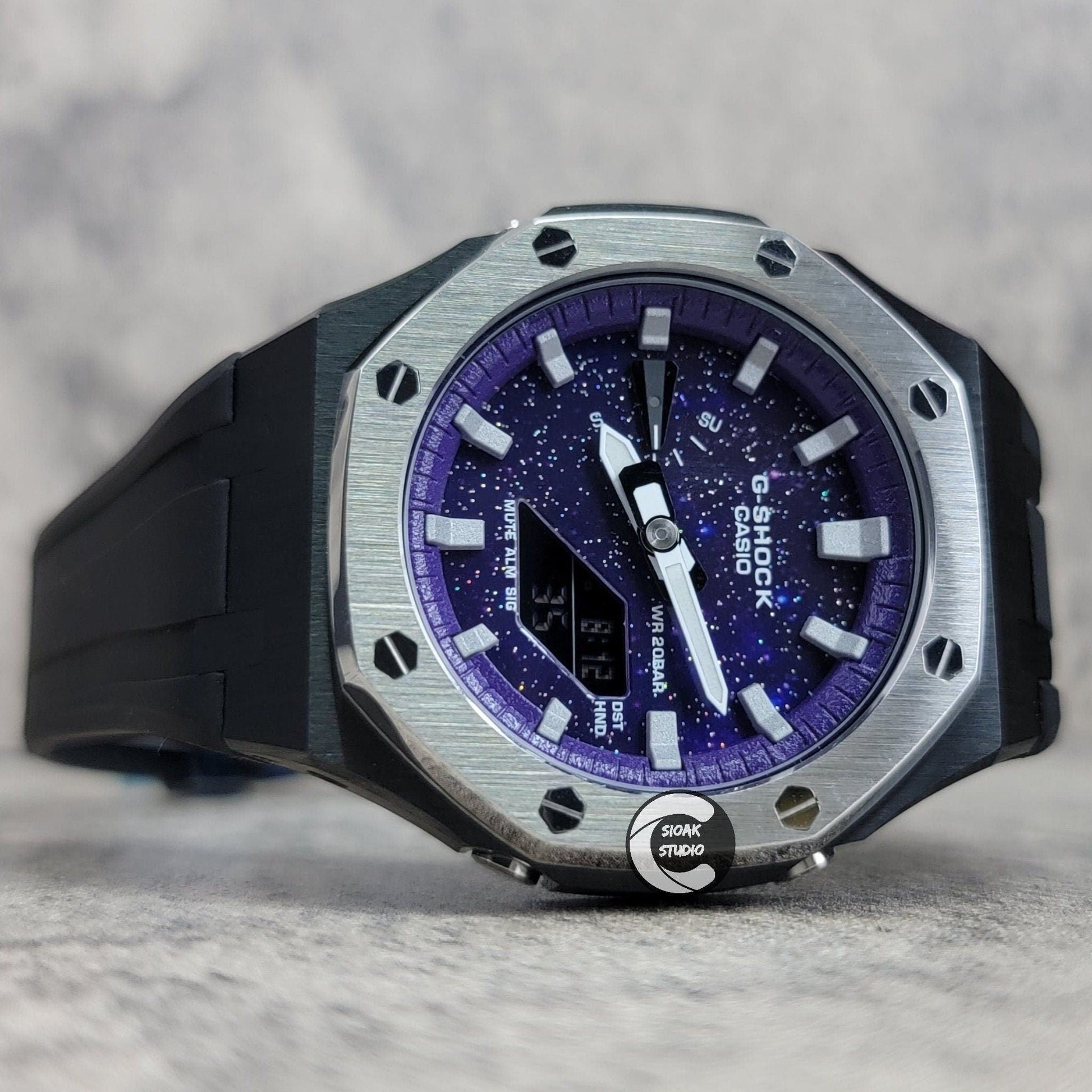 Casioak Mod Watch Silver Black Case Black Rubber Strap Purple Silver Time Mark Purple Dial 44mm - Casioak Studio