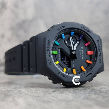 Casioak Mod Watch Black Plastic Case Black Strap Black Rainbow Time Mark Black Dial 44mm - Casioak Studio