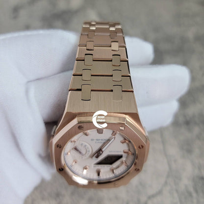 Casioak Mod Watch Rose Gold Case Metal Strap Beige Rose Gold Time Mark Beige Dial 42mm - Casioak Studio