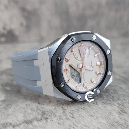 Casioak Mod Watch Black Silver Case Gray Rubber Strap Beige Rose Gold Time Mark Beige Dial 42mm Custom G-SHOCK Birthday Gifts Anniversary - Casioak Studio