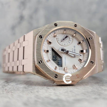 Casioak Mod Watch Rose Gold Case Metal Strap Beige Rose Gold Time Mark Beige Dial 42mm - Casioak Studio