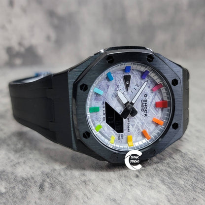 Casioak Mod Watch Black Case Black Rubber Strap Silver Rainbow Time Mark Meteorite Dial 44mm - Casioak Studio