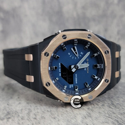 Casioak Mod Watch Offshore Superior Rose Gold Black Case Black Rubber Rubber Strap Blue Gray Time Mark Blue Dial 44mm - Casioak Studio