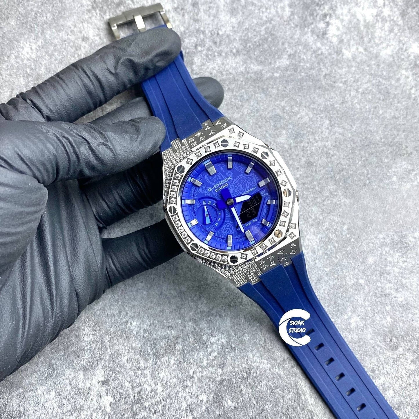 Casioak Mod Watch Diamond Silver Case Blue Strap Blue Silver Time Mark Blue Dial 44mm - Casioak Studio