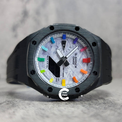 Casioak Mod Watch Black Case Black Rubber Strap Silver Rainbow Time Mark Meteorite Dial 44mm - Casioak Studio