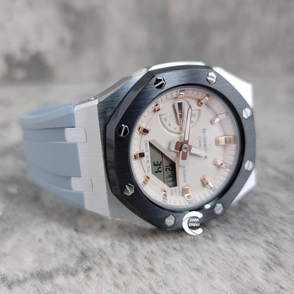 Casioak Mod Watch Black Silver Case Gray Rubber Strap Beige Rose Gold Time Mark Beige Dial 42mm Custom G-SHOCK Birthday Gifts Anniversary - Casioak Studio