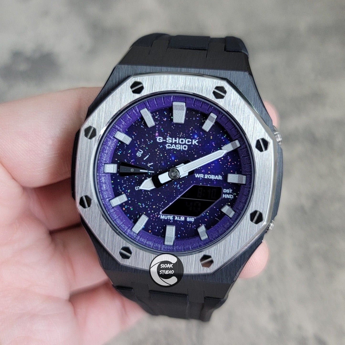 Casioak Mod Watch Silver Black Case Black Rubber Strap Purple Silver Time Mark Purple Dial 44mm - Casioak Studio