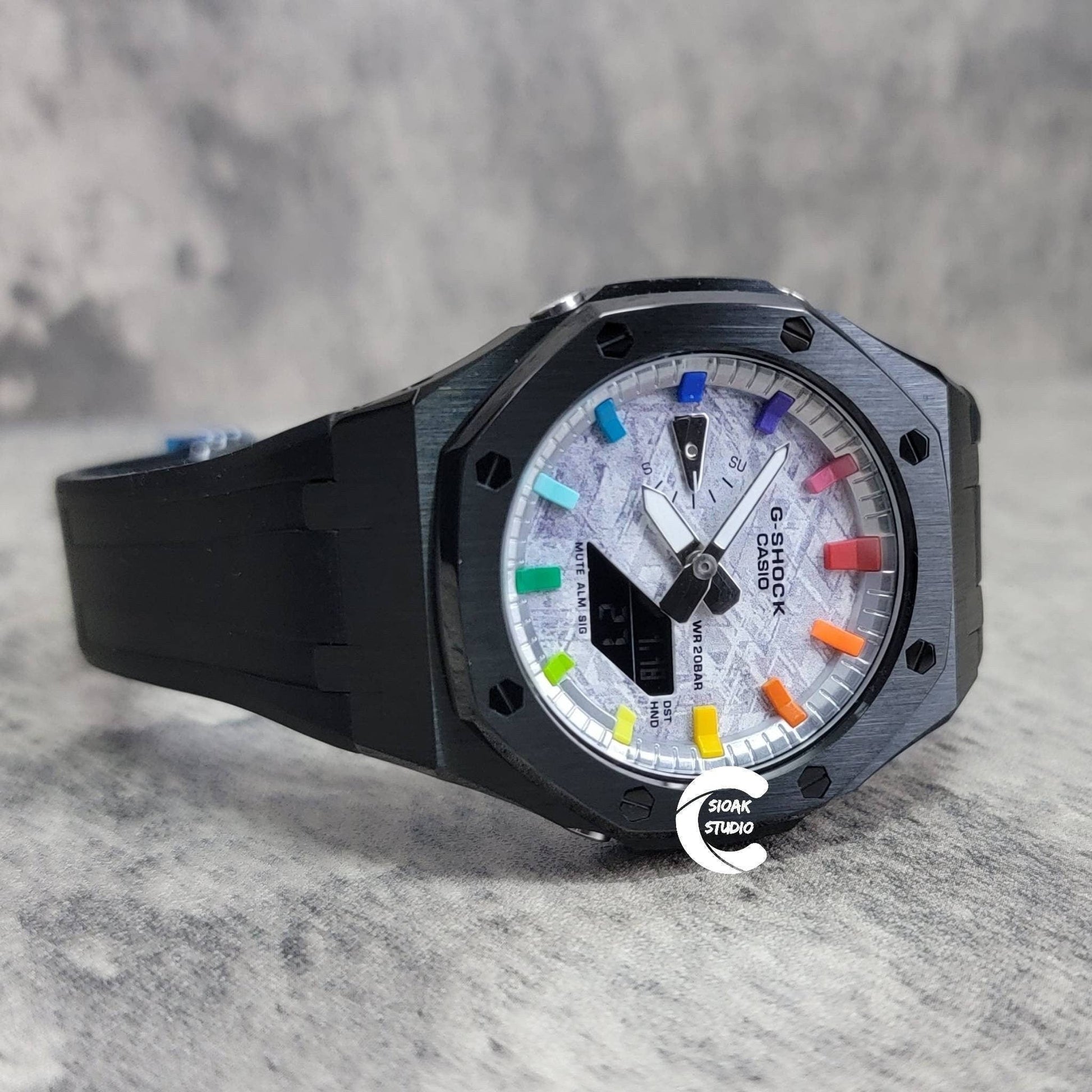 Casioak Mod Watch Black Case Black Rubber Strap Silver Rainbow Time Mark Meteorite Dial 44mm - Casioak Studio