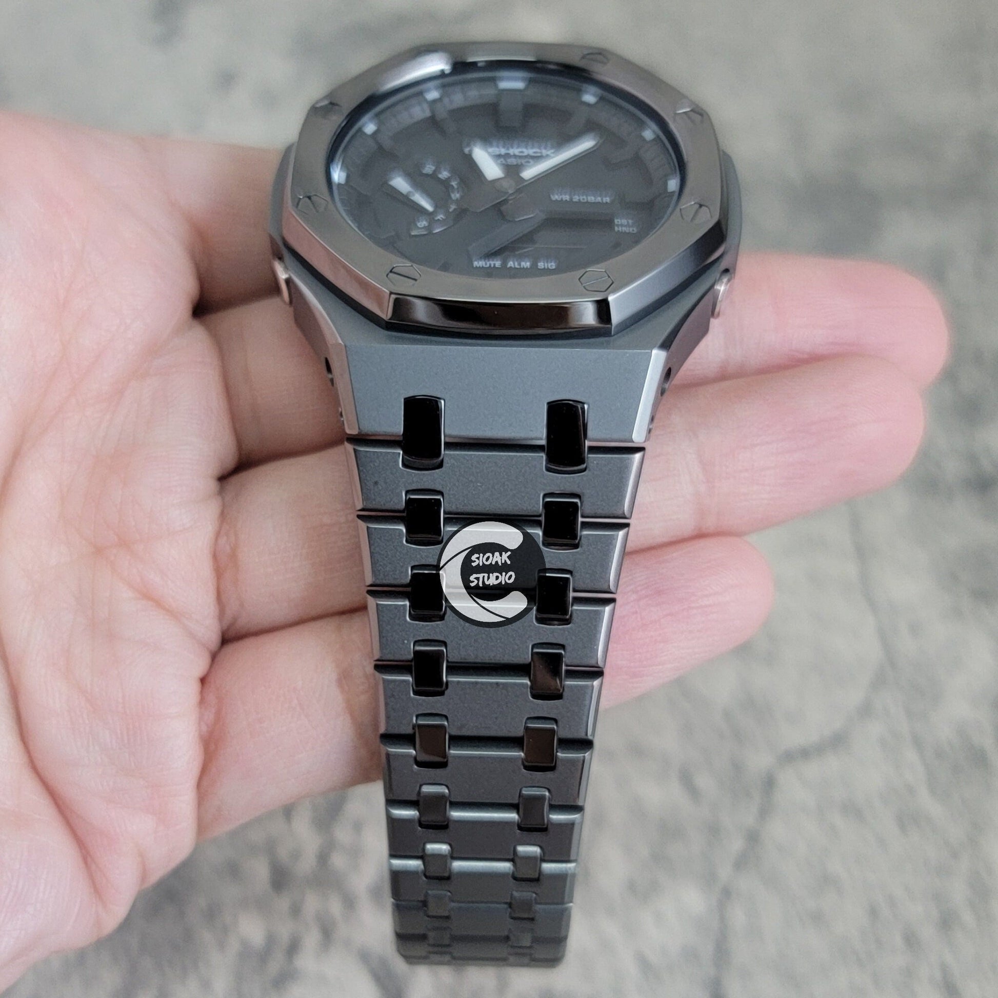 Casioak Mod Watch Polished Grey Case Metal Strap Black Time Mark Black Dial 44mm - Casioak Studio