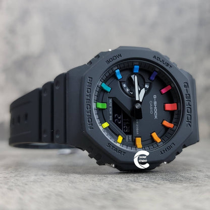 Casioak Mod Watch Black Plastic Case Black Strap Black Rainbow Time Mark Black Dial 44mm - Casioak Studio