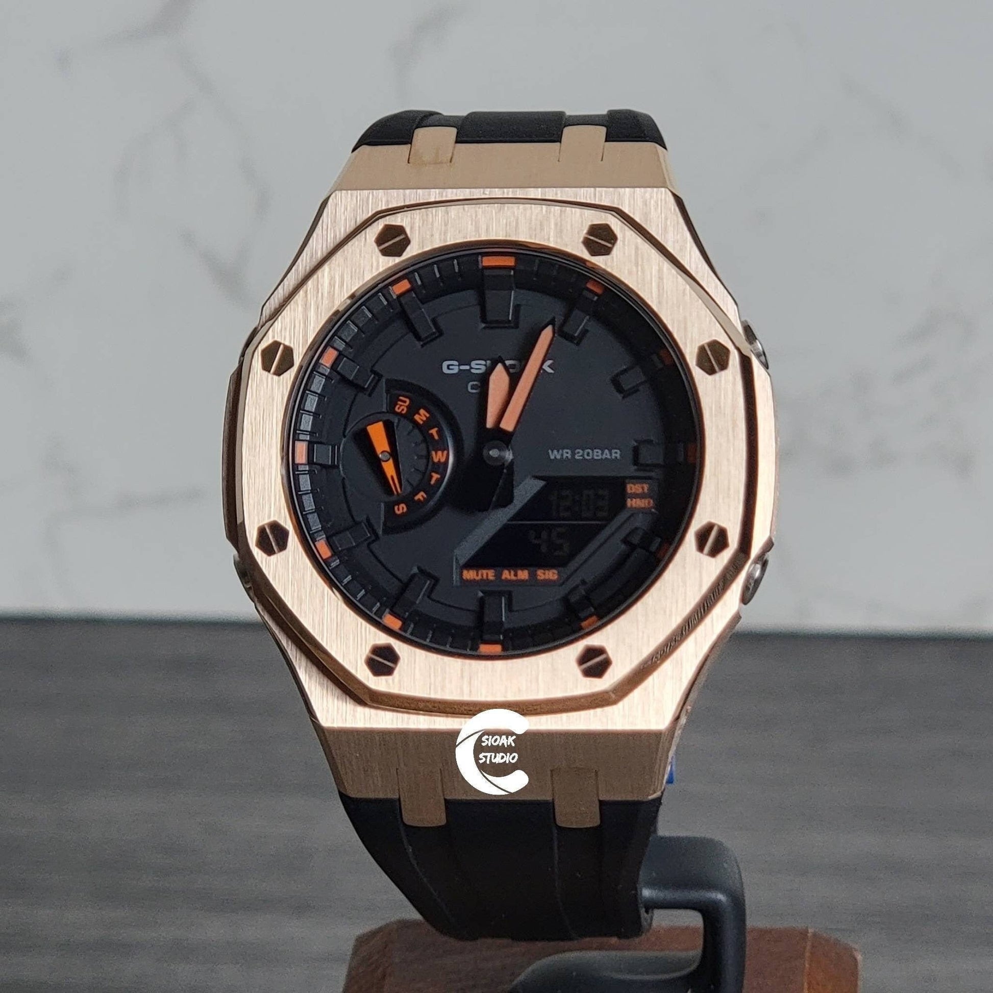 Casioak Mod Watch Rose Gold Case Black Rubber Strap Black Time Mark Black Dial 44mm - Casioak Studio