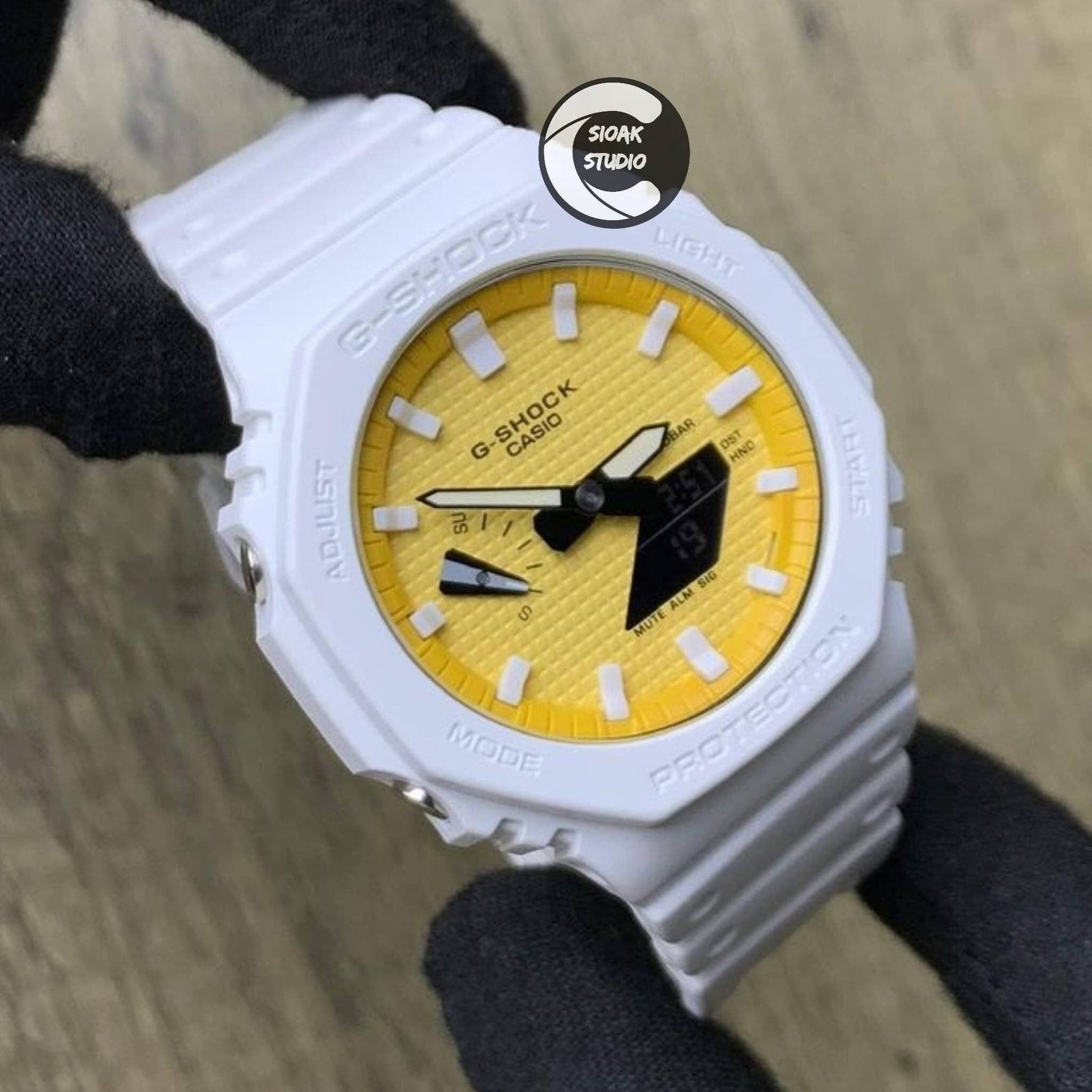 Casioak Mod Watch White Plastic Case White Strap Yellow White Time Mark Yellow Dial 44mm - Casioak Studio