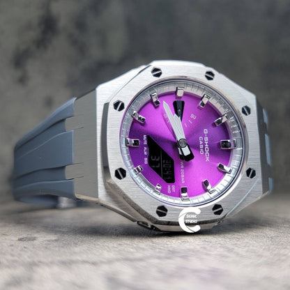 Casioak Mod Watch Silver Case Gray Rubber Strap Silver Time Mark Purple Dial 44mm - Casioak Studio